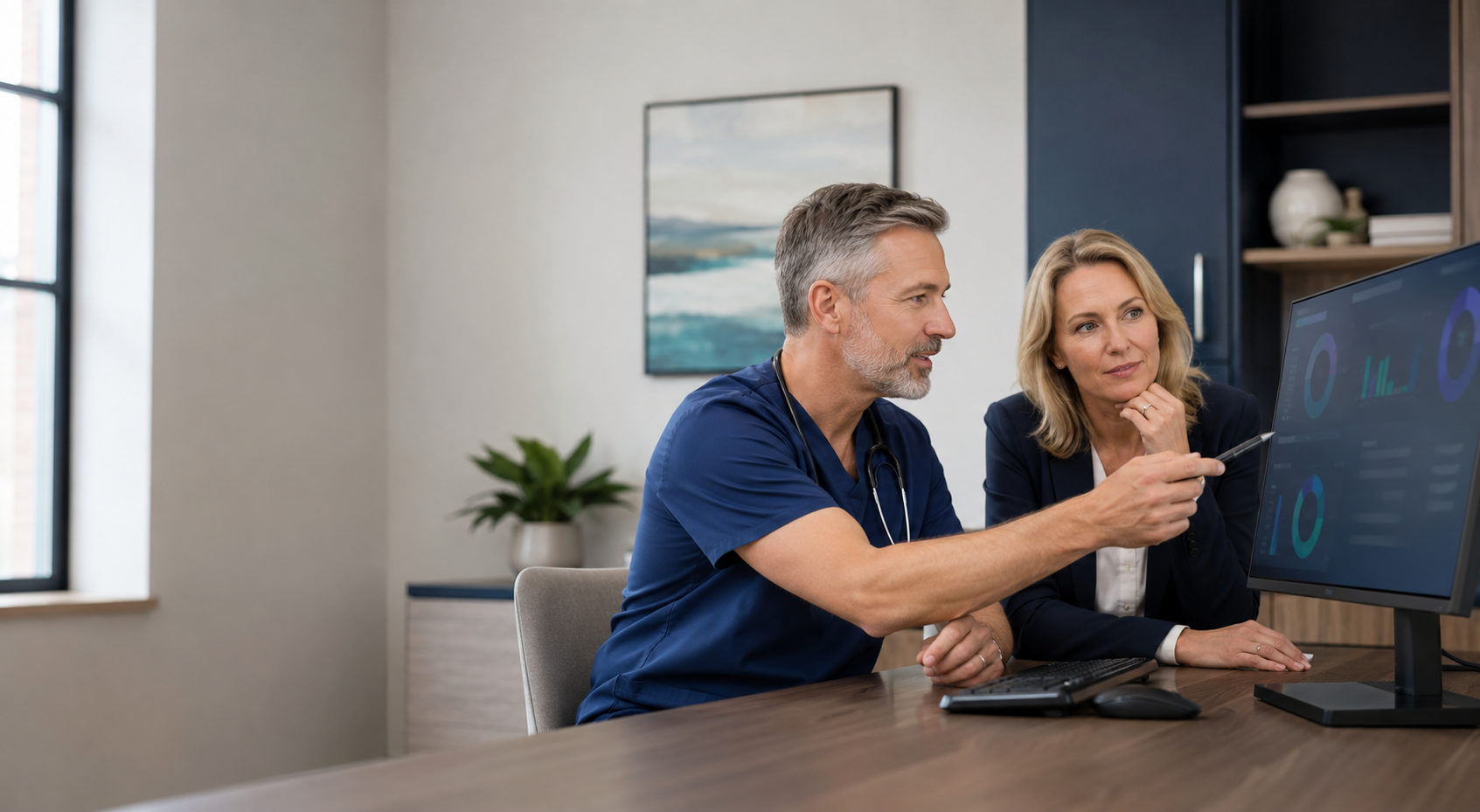 A physician and practice administrator reviewing compliance readiness in a medical office