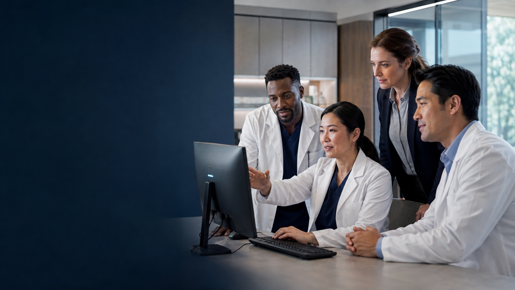 Physicians and a clinic operations leader reviewing secure clinical technology together