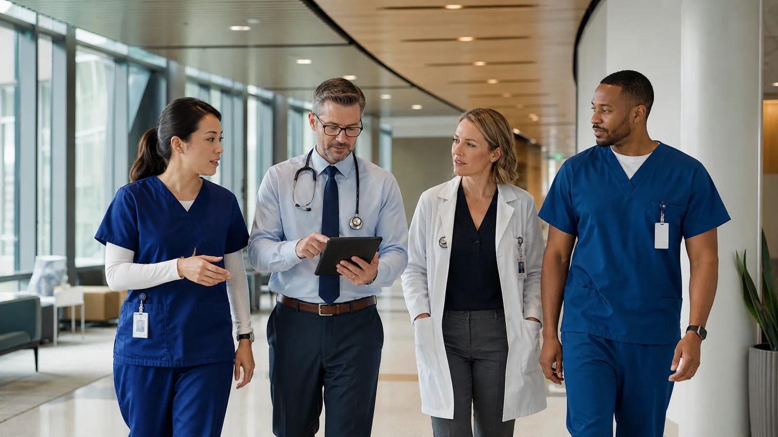 An interdisciplinary healthcare team discussing technology strategy while walking through a clinic