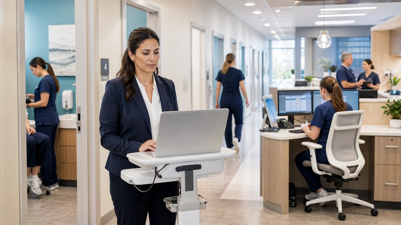 An ambulatory operations leader coordinating care across a multi-room outpatient center