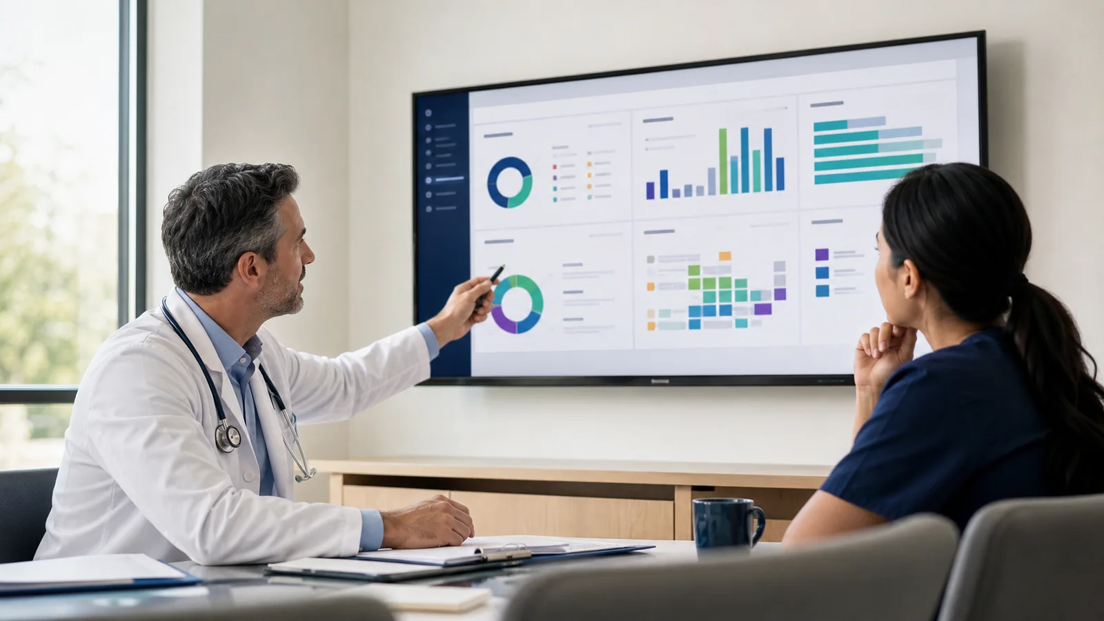 A physician and clinical operations leader reviewing compliance readiness information