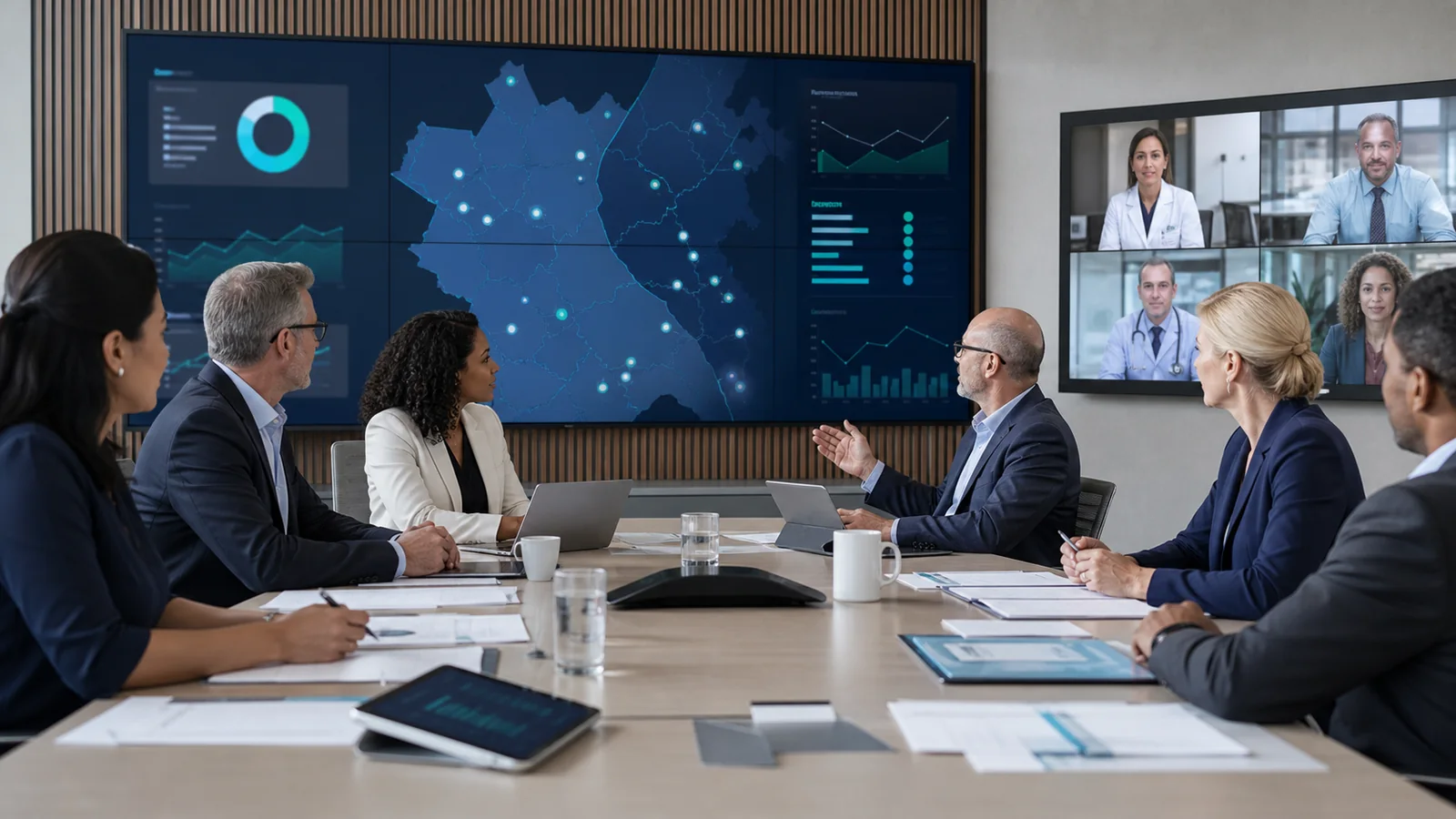Healthcare group leaders reviewing operations across multiple clinic locations