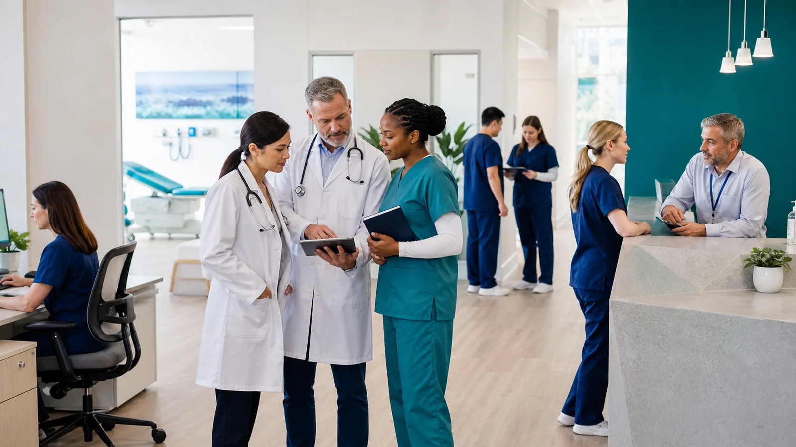 Diverse outpatient care professionals collaborating in a modern clinic