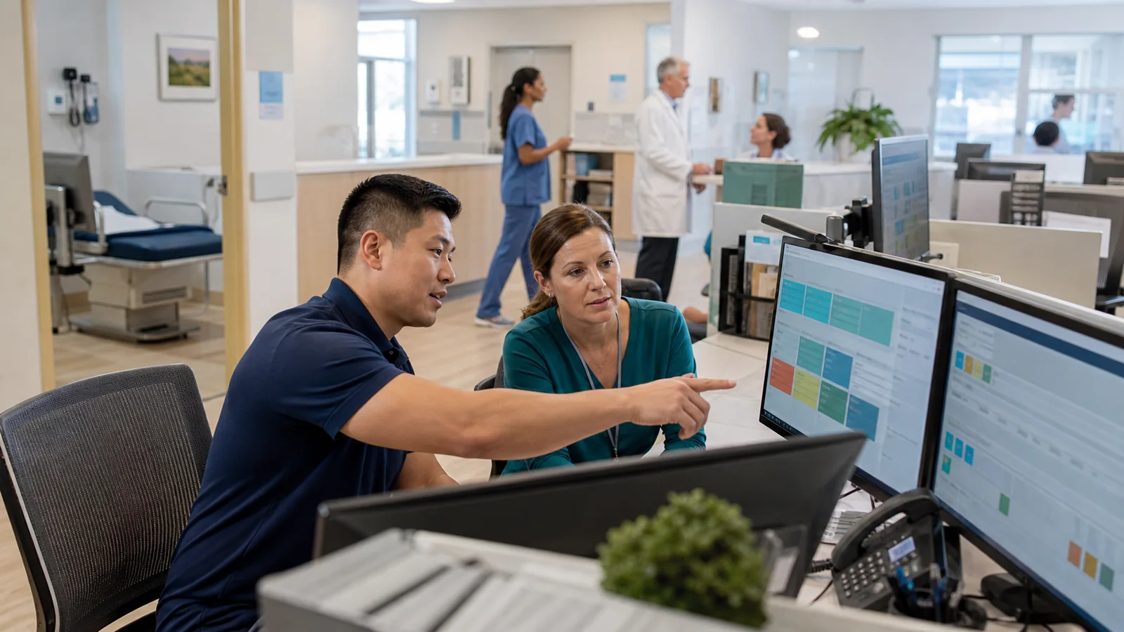Healthcare technology operations specialists coordinating support in an active clinic