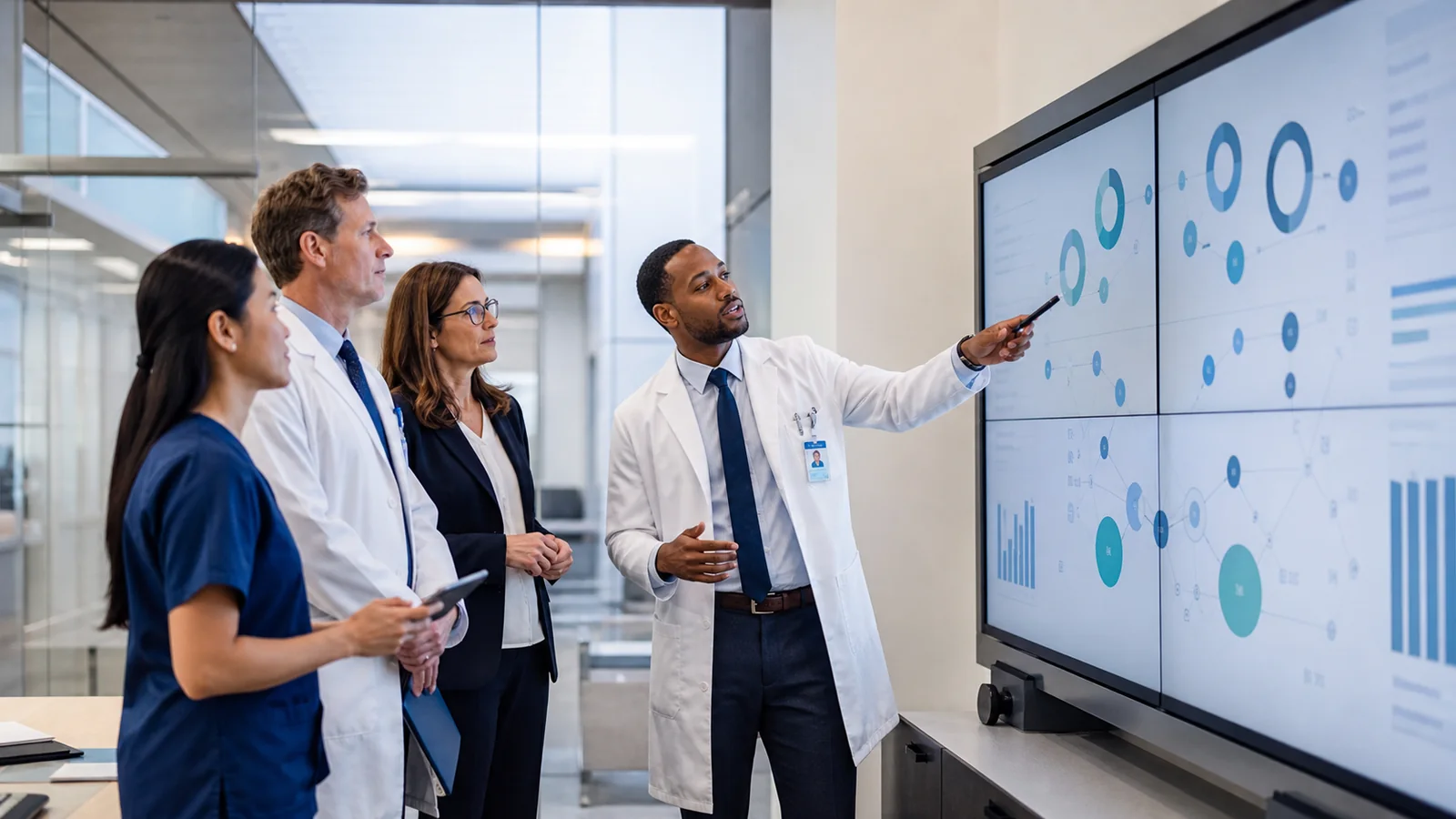 A healthcare leadership team reviewing a connected clinical technology ecosystem