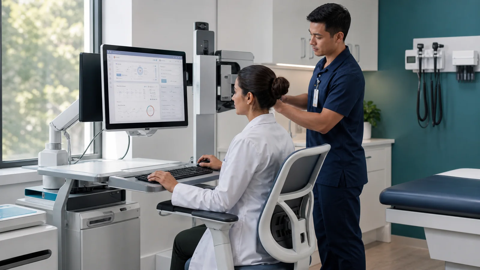 A clinician and technology specialist validating a modern clinical workstation